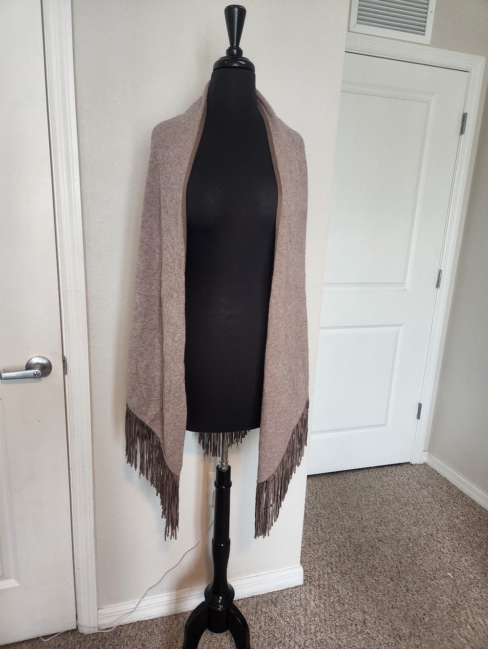 La Fiorentina Taupe Fringe Open-Front Poncho Wrap